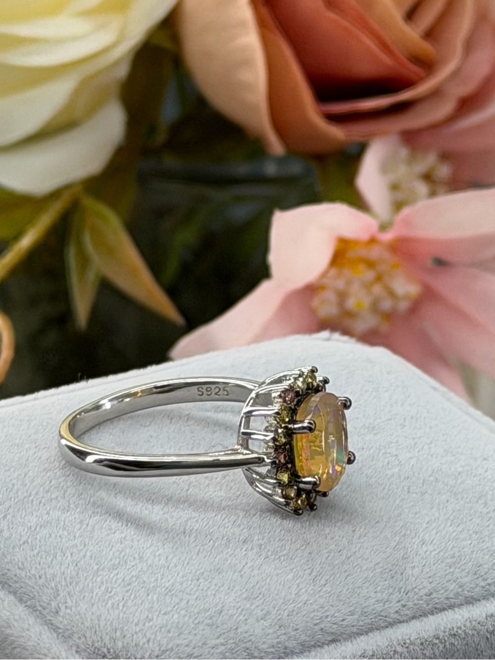 Enchanting Fire Opal Diamond Cut Sapphire halo 925 Sterling Silver Ring Sz 7 - Picture 12 of 13